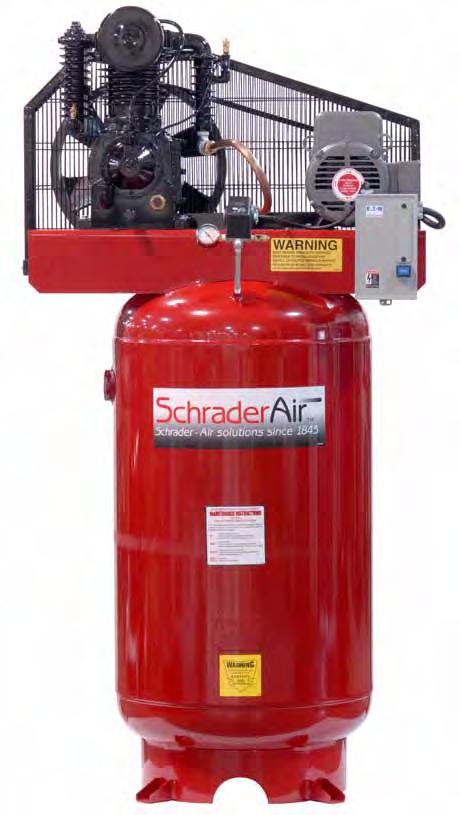 Schrader - Air solutions since 1845 Assembled in USA 5 HP, 2-Stage 175 PSI Professional Series Air Compressor Finned intercooler Cast iron pump and cylinders Centrifugal unloader Hi-flow steel belt