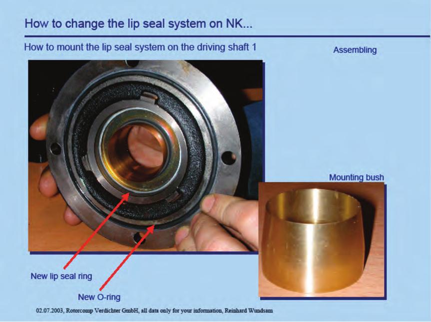 Oil Seal Replacement The oil seal on NK air ends is located on the drive shaft and is designed with a replaceable race.