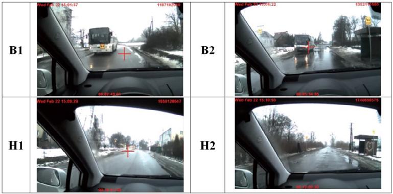 Fig. 3. Scheme of eye tracking experiment route [2]. The study using the eye tracking equipment covered the following situations: B1: A bus with the new sign follows its normal route from stop No.
