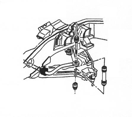 5) Remove the front shock absorbers. 6) Detach existing front bumpstops from upper mounting cup. 7) Remove anti-sway bar extensions connecting bar body to lower control arms (Illustration 3).