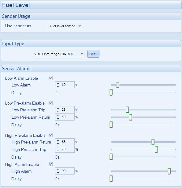 2.3.3 FUEL LEVEL This section allows the configuration of the fuel level input. Click to edit the sensor curve. See section entitled Editing The Sensor Curve.