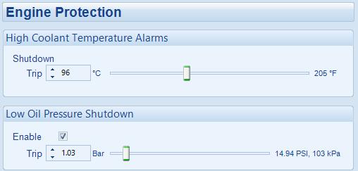 Temperature Shutdown Alarm is active when the measured coolant temperature rises above the configured Trip level. = Alarm is disabled.