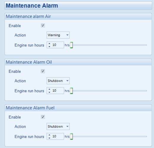 2.8 MAINTENANCE ALARM Click to enable or disable the option. The relevant values below appears greyed out if the alarm is disabled. Select the type of action when the maintenance alarm occurs.