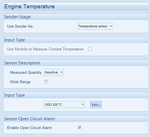 4.4.2 COOLANT TEMPERATURE The Coolant Temperature page is subdivided into smaller sections. Select the required section with the mouse. 4.4.3 COOLANT TEMPERATURE ALARM Pre-loaded sender curves to match common used senders.