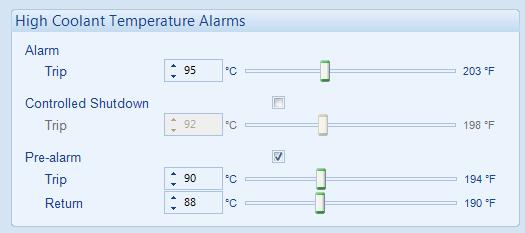 Enable or disable the alarms. The relevant values below appears greyed out if the alarm is disabled.