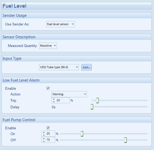 4.4.5 FUEL LEVEL This section allows the configuration of the fuel level input. Click to edit the sensor curve. See section entitled Editing The Sensor Curve. Select the type of alarm required.