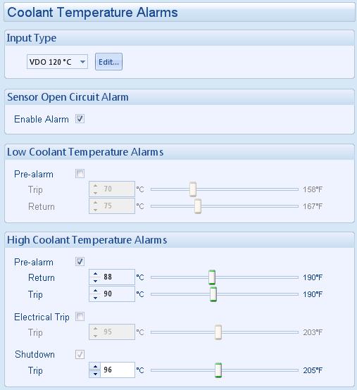 10.4.2 COOLANT TEMPERATURE The Coolant Temperature page is subdivided into smaller sections. Select the required section with the mouse. 10.4.3 COOLANT TEMPERATURE ALARM If a CANbus Engine File is selected Engines give temperature measurements from CANbus link.