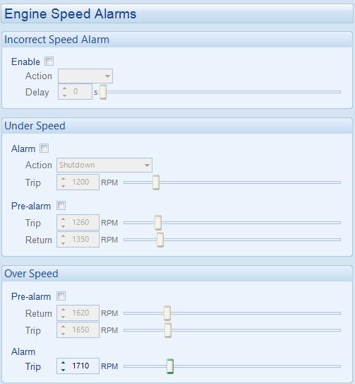 10.4.10 ENGINE SPEED ALARMS Click to enable or disable the option. The relevant values below appears greyed out if the alarm is disabled. Click and drag to change the setting.