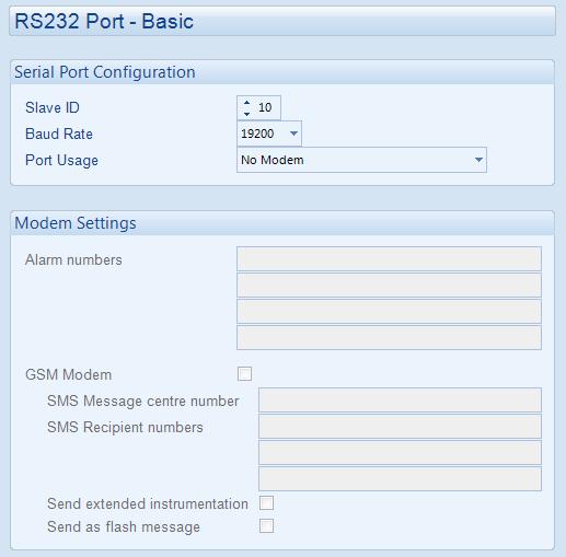 12.1.2.1 BASIC Modbus Slave ID Baud rate adjustable from 1200-115200 Selects how the port is to be used These items are greyed out until a relevant option in Port Usage is selected.