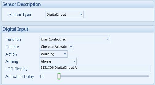 Depending upon your selection of Sensor Type, one of the following configuration screens are shown : Configured as a Digital Input Select the required function of the input and whether it is open or