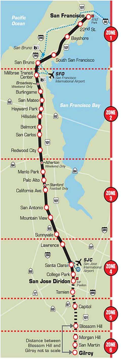 Caltrain Commuter Rail Service between Gilroy and San Francisco 6 zone fare structure 77.