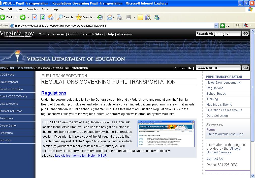 VDOE Website/Regulation link http://www.doe.