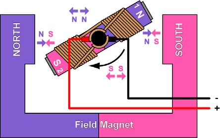 The north magnetic field that is generated in End 1 of the coil is pushed away from the north permanent magnet (like poles repel) and drawn toward the south permanent magnet (opposite poles attract)