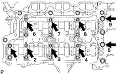 (b) Uniformly loosen and remove the 9 bearing cap bolts in the sequence shown in the illustration.
