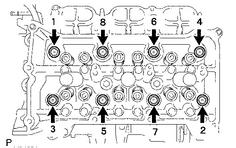 (b) Using a 10 mm bi-hexagon wrench, uniformly loosen the 8 bolts in the sequence shown in the illustration. Remove the 8 cylinder head bolts and plate washers.
