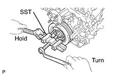 REMOVE CRANKSHAFT PULLEY (a) Using SST, loosen the crankshaft pulley bolt.
