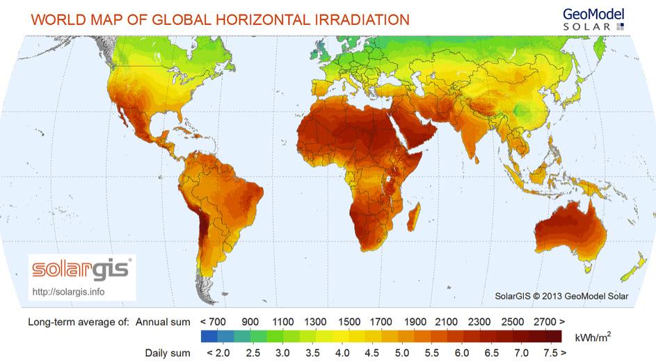 Maps illustrating the average insolation, or irradiation, at any point on Earth are available based on up to thirty years of data.