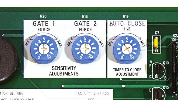 26 Sensitivity Adjustment and Entrapment Alarm The Patriot control board has 2 sensitivity adjustment dials located in the upper left corner of the control board.