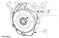 Page 31 of 39 89. NOTE: Use a suitable strap wrench to hold the crankshaft pulley. Install the flywheel. 1. Install the backing plate. 2. Install the flywheel and tighten the bolts working diagonally.