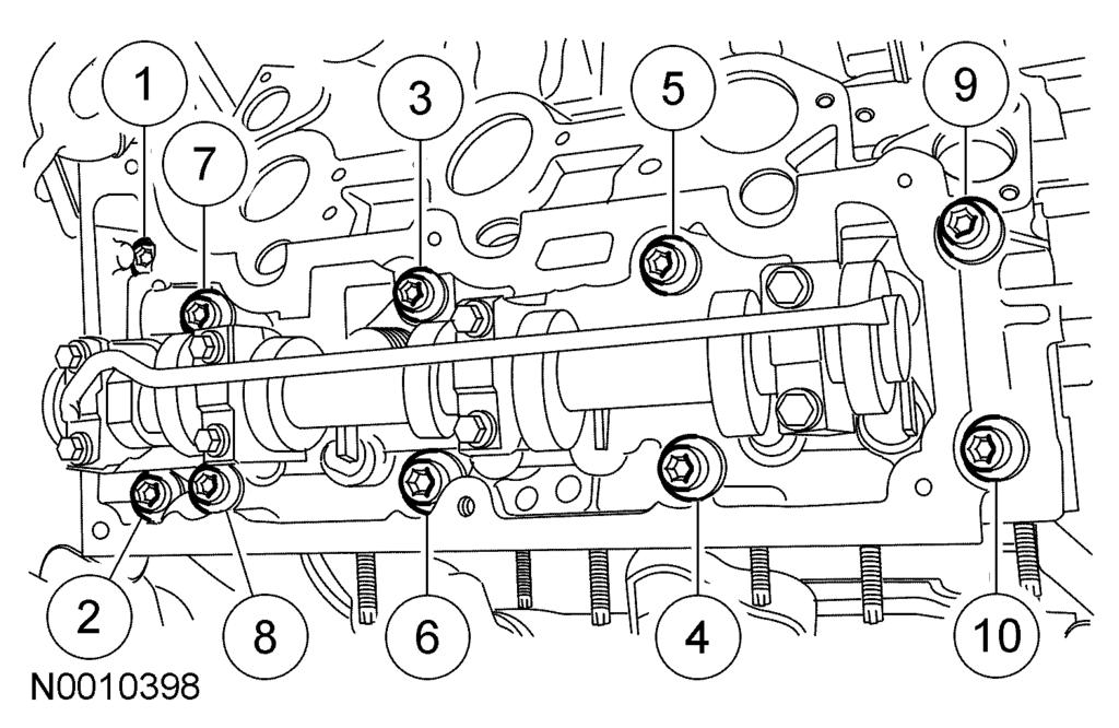 303-01A-9 303-01A-9 44. Install the special tools on the LH cylinder head 47. CAUTION: Remove the camshaft and tighten the top 2 clamp bolts to 10 Nm (89 sprocket from the timing chain to gain lb-in).
