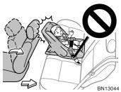 In the event of an accident, the impact of the rapid inflation of the front passenger airbag could cause death or serious injury to the child if the rearfacing child restraint system is installed on