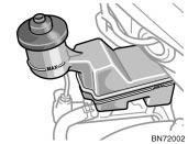 Checking brake fluid To check the fluid level, simply look at the see- through reservoir. The level should be between the MAX and MIN lines on the reservoir.