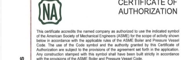Certificates t (3/4) Certificate of Authorization to use N symbol of the American Society of Mechanical Engineers (ASME) Certificate of Authorization to use NA