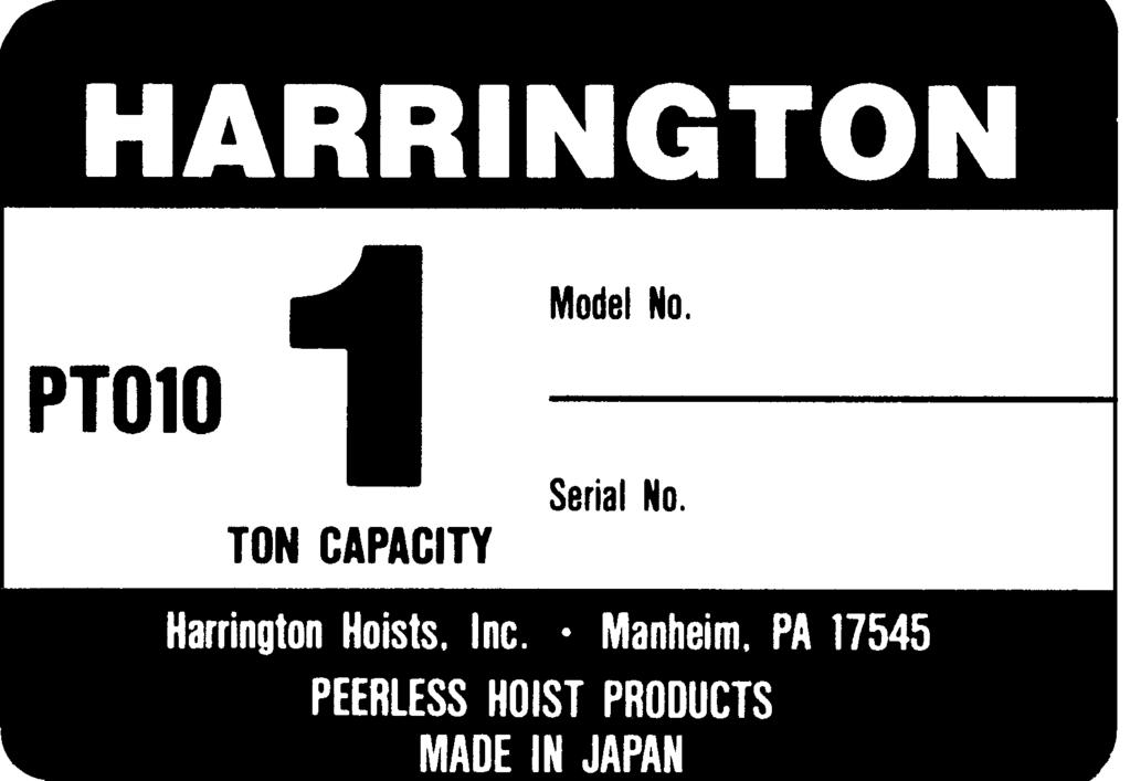 8.0 1/2 to 20 Ton Parts List When ordering Parts, please provide the Hoist code number, lot number and serial number located on the Hoist nameplate (see fig. below). Reminder: Per sections 1.1 and 3.