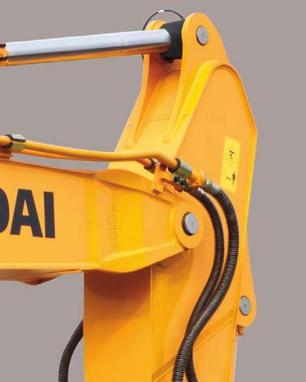 Reinforced Pins, Bushings and Polymer Shims The improved boom-and-attachment design featuring wear-resistant long-life pins, bushings and polymer shims enhances