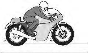 Q4. The diagram shows a motorbike of mass 300 kg being ridden along a straight road. The rider sees a traffic queue ahead.