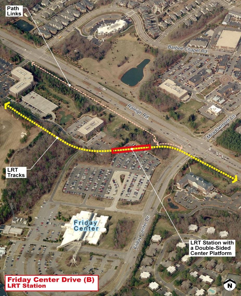 Friday Center Drive Station Option B The Friday Center Drive Station - Option B would apply if the LRT alignment continues southeast along the south side of Raleigh Road, to the proposed Hillmont