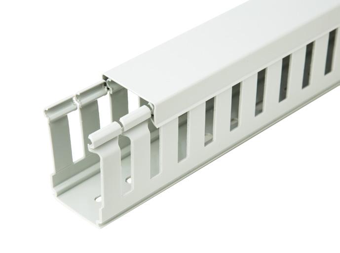 Halogen-free wide and narrow slot wiring duct Halogen-free thermoplastic duct With 8 12 / 4 6 mm slots Halogen-free thermoplastic in conformity with VDE 0472 standard Part 815: Br + Cl < 0.2 %, F < 0.