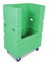 - Plastic Durable rotomoulded plastic trolley 3mm galvanised base plate Side handle cutouts 150mm rubber