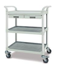 Service & Equipment Service Cart - 3 Shelves & 2 Drawers 3 x Polypropylene shelves 2 x Polypropylene handles 4 x Aluminium frames 4 x 100mm Castors, 2