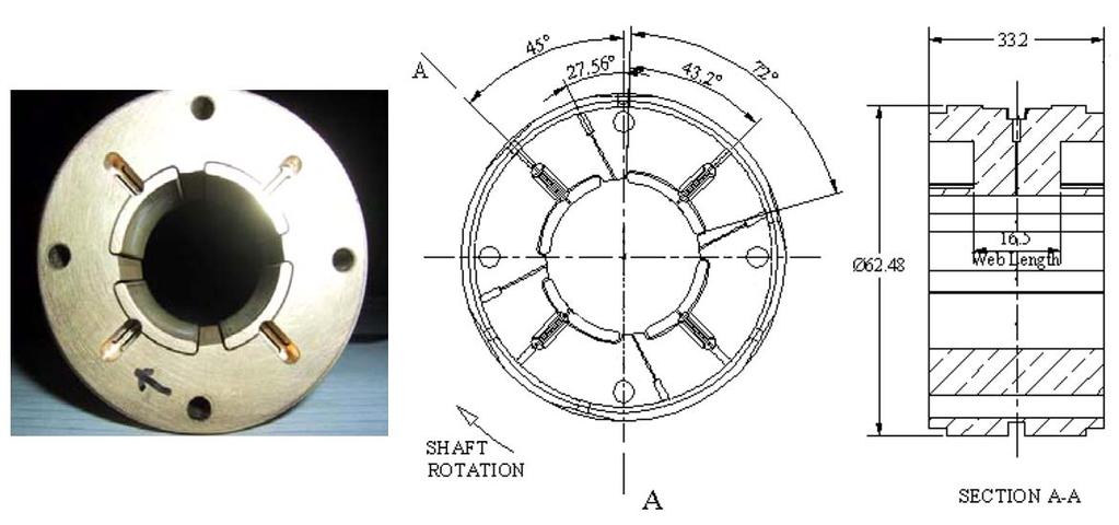 equally. Imbalance masses are placed in these holes for imbalance response measurements. Table 1 lists the dimensions of the test rotor and its bearings.