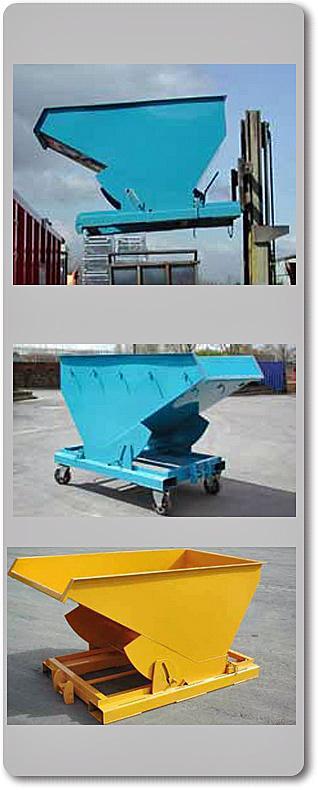 Tipping Hoppers Castors can be fitted for easyier manouverbility Low rick of injury due to auto release mechanism Hydraulic Tipping Hopper Unloading time is reduced Can be adapted to almost any shape