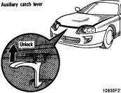 In front of the vehicle, pull up on the auxiliary catch lever and lift the hood.