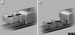 INTERIOR EQUIPMENT REAR CONSOLE BOX GLOVE BOX 14R118 14R044 1 For upper box 2 For lower box To use the rear console box, open as shown in the
