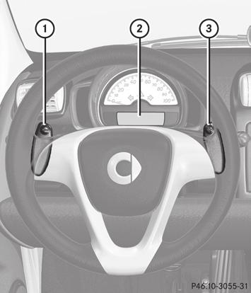 Steering wheel gearshift control 3 Steering wheel gearshift control Function : Left shift paddle 4 :Downshift ; Multifunction display = Right shift paddle 4 :Upshift i Model pure only: The steering