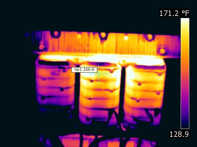 Thermograms courtesy of Sonny James Thermal Diagnostics, Ltd. Figure 20 show hot windings on a dry-type transformer under balanced loads.