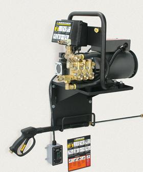 A remote on/off switch with a 10 electrical cord allows the machine to be mounted high on a wall away from backspray.