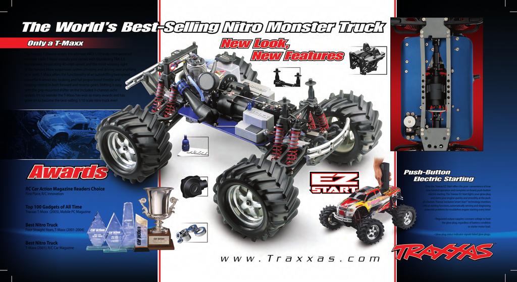 The Traxxas T-Maxx is simply the ultimate 4WD 1/10 scale nitro-powered monster truck. T-Maxx assaults your senses with thundering TRX 2.