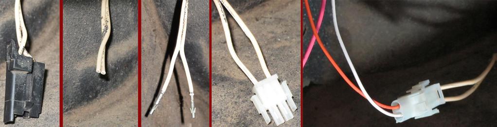 Begin by cutting the factory dome light wires and striping ¼ of insulation from each wire. Locate the terminals and connector seen in the photo above.