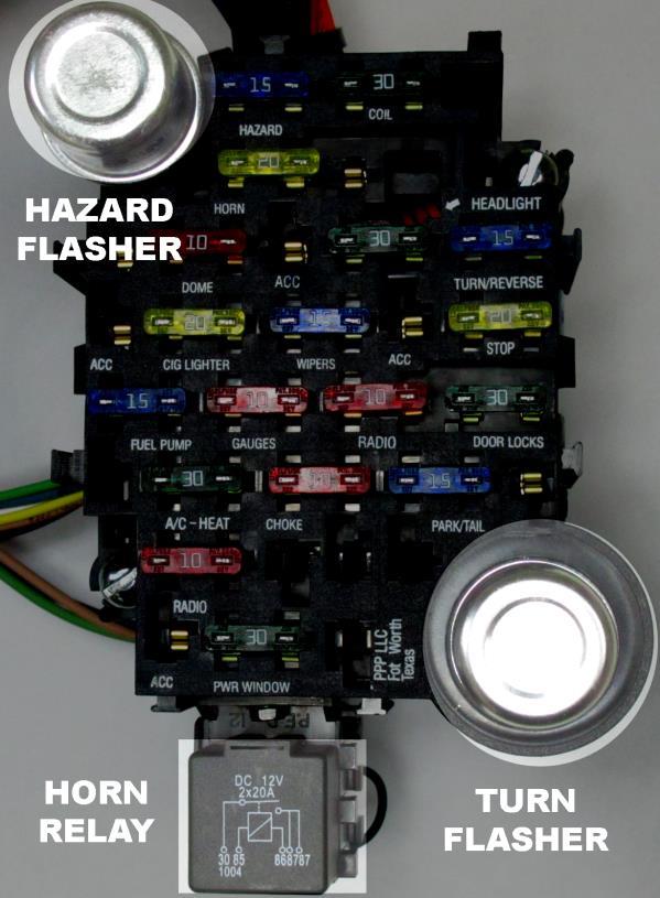 This fuse block allows the convenience of having both flashers (turn signal and hazard), as well as the horn relay, to be mounted in one location.