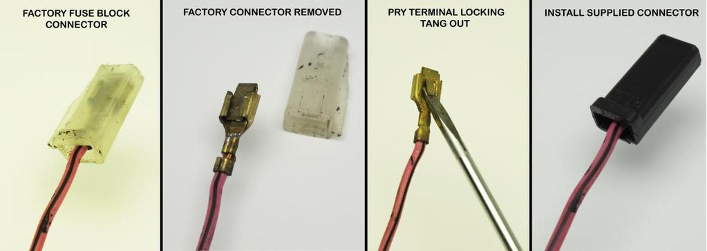 Using the terminal removal procedure, found in the washer pump section on page 27 of the Engine Harness manual, remove the two fuse block connectors on the factory harness.