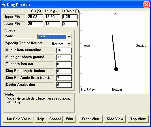 Figure 6.38 Calculation Clc Utility to Calculate King Pin Settings from Angles Choose a side, then enter inputs to see the king pin angle being drawn.