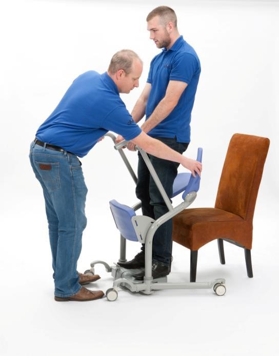 General Operation Transferring From the Able Assist 4. Ask the User to stand up using the Hand Rail as assistance. Lift up the Seat Pads. 1. Position the Able Assist close to the seat or bed. 2.