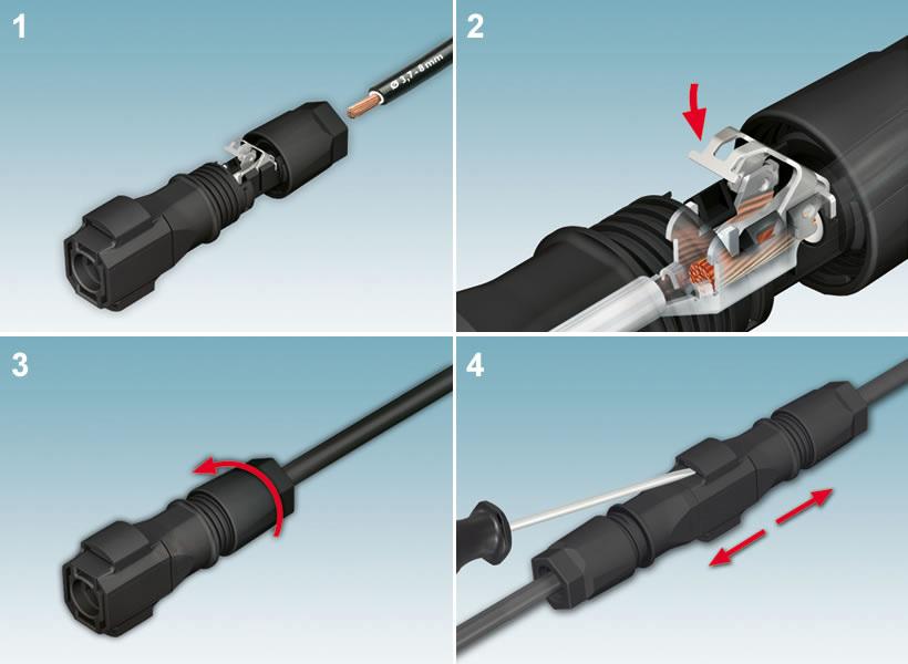 SUNCLIX plug-in connectors SUNCLIX - easy and safe mounting. With SUNCLIX, mounting couldn t be simpler: - 1. Insert the stripped conductor, - 2. Close spring contact, - 3.