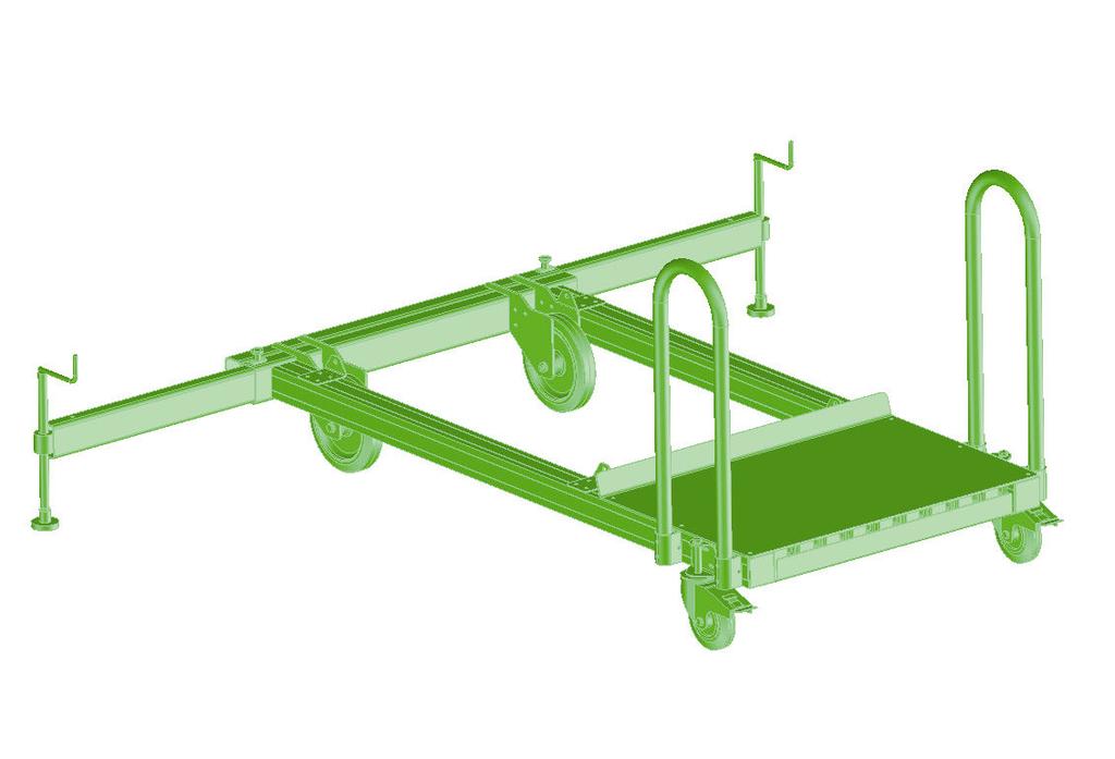 10m Chassis module: two variations available with push-pull handles: Standard chassis with rigid stabiliser. Mobile on 2 swivel and 2 braked fixed castors. Dimensions appx 2.