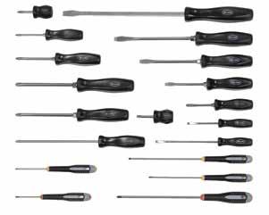 19 PIECE COMBINATION SCREWDRIVER SET Premium Comfort Crip & Three Component handle with Black Oxide Tips 100P-19MD 19 Piece Combination Screwdriver Set Contents Include: Overall Length Blade Length